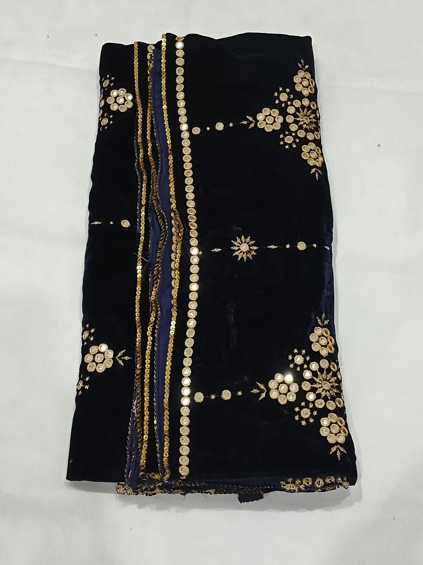 Embroidered Micro Velvet Shawl - Dark Blue