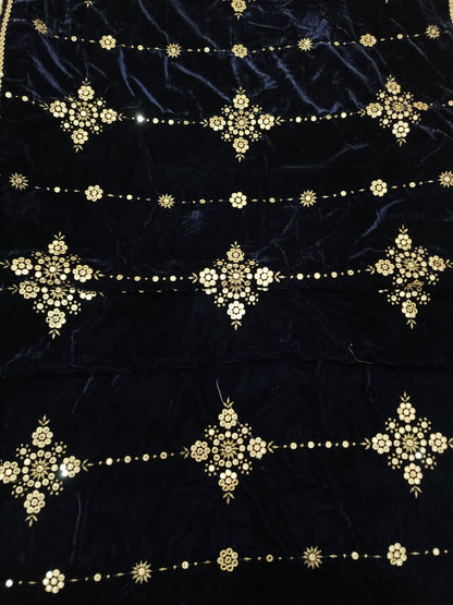 Embroidered Micro Velvet Shawl - Dark Blue