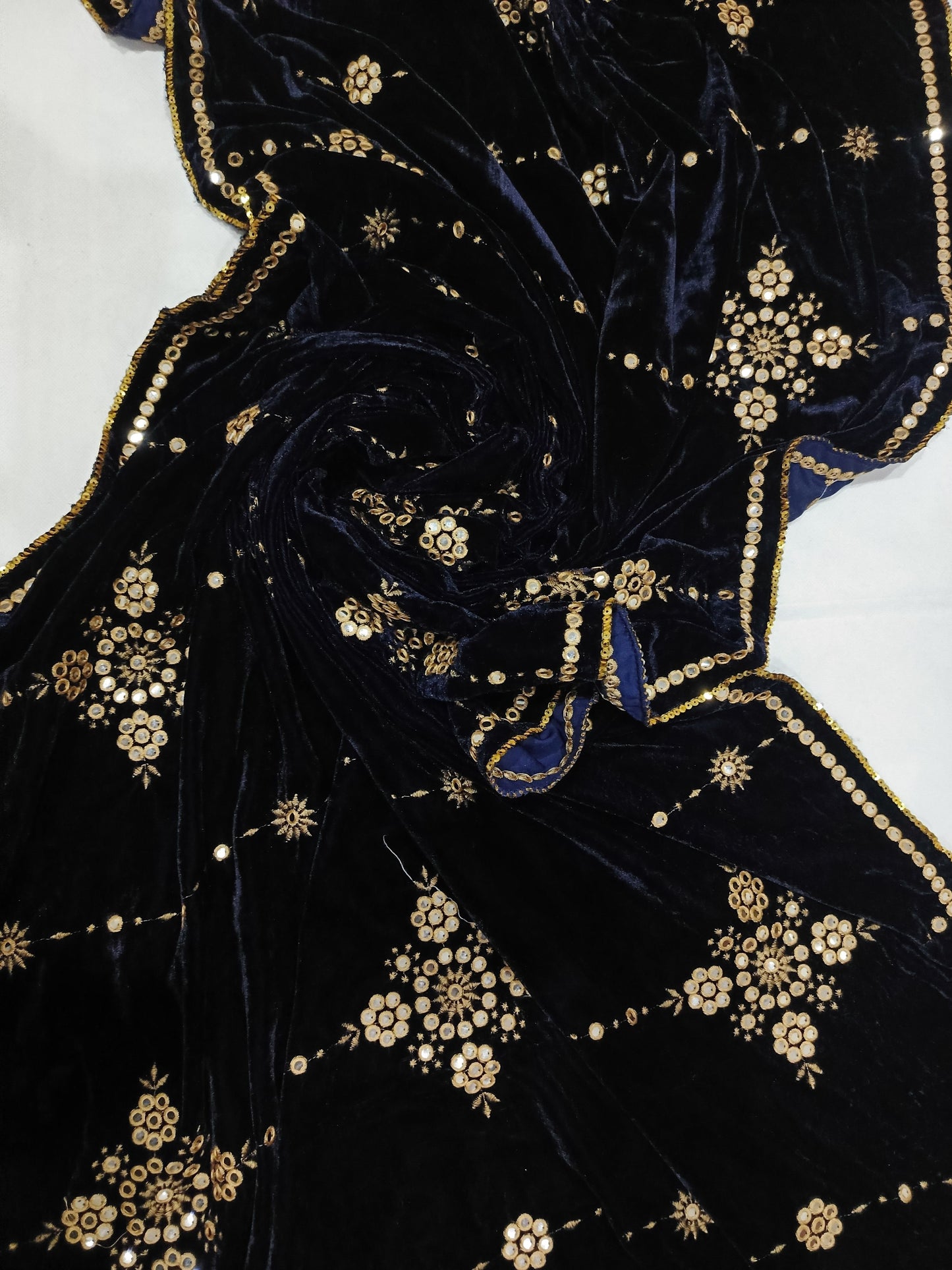Embroidered Micro Velvet Shawl - Dark Blue