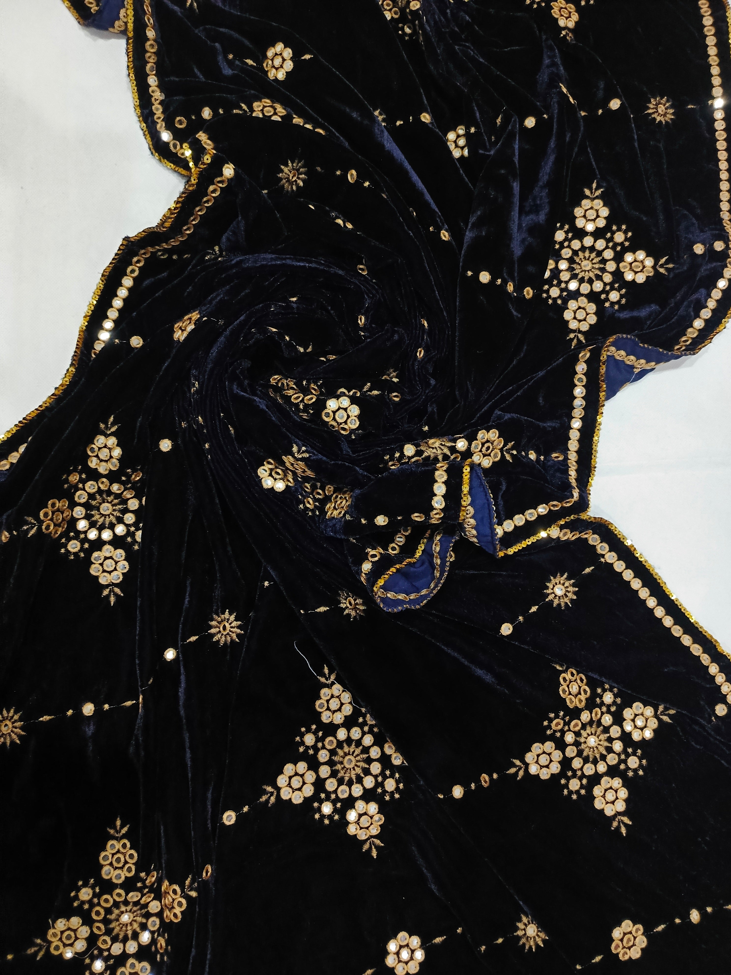 Embroidered Micro Velvet Shawl - Dark Blue