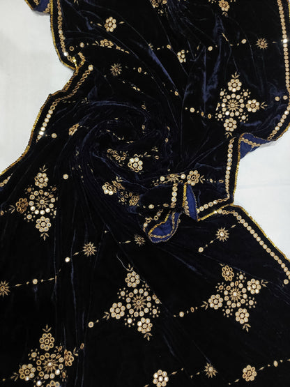 Embroidered Micro Velvet Shawl - Dark Blue
