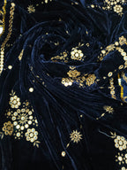 Embroidered Micro Velvet Shawl - Dark Blue