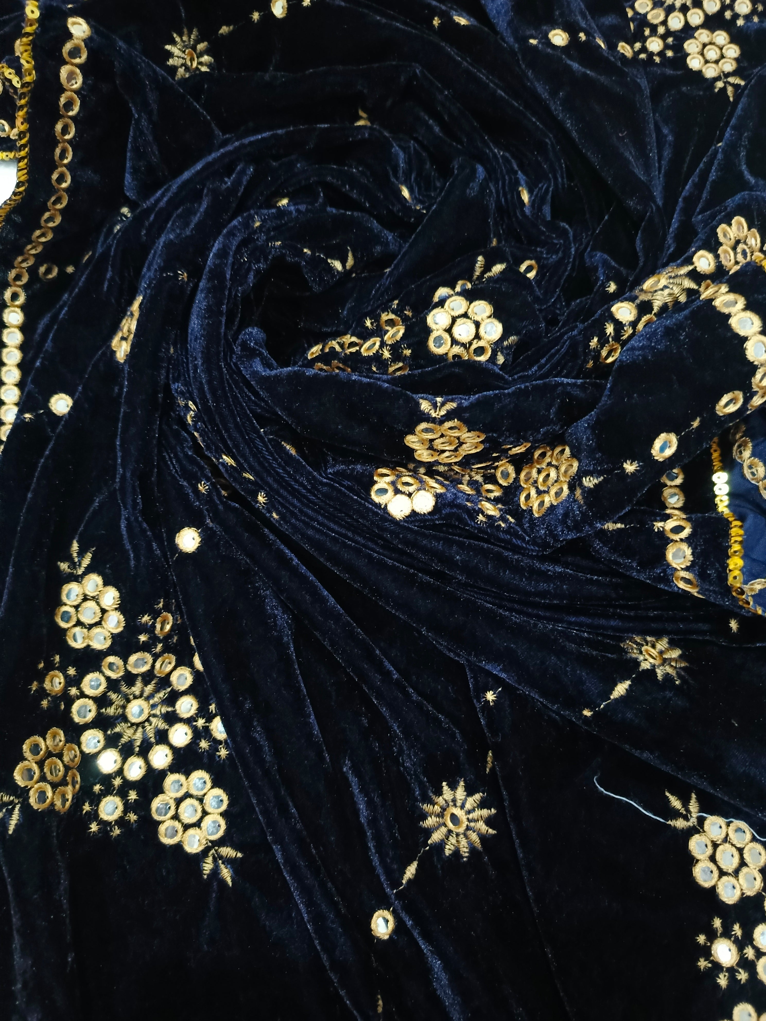Embroidered Micro Velvet Shawl - Dark Blue