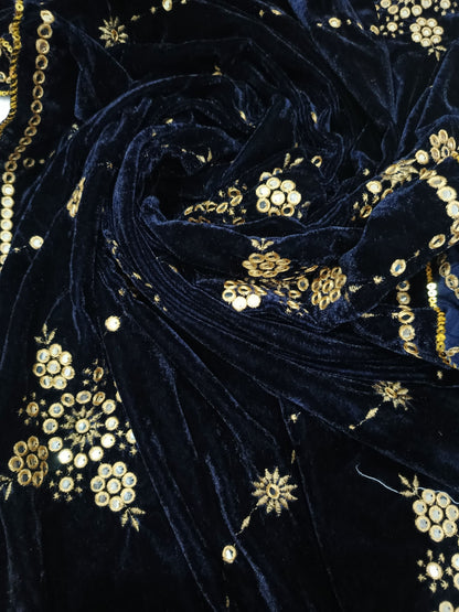 Embroidered Micro Velvet Shawl - Dark Blue