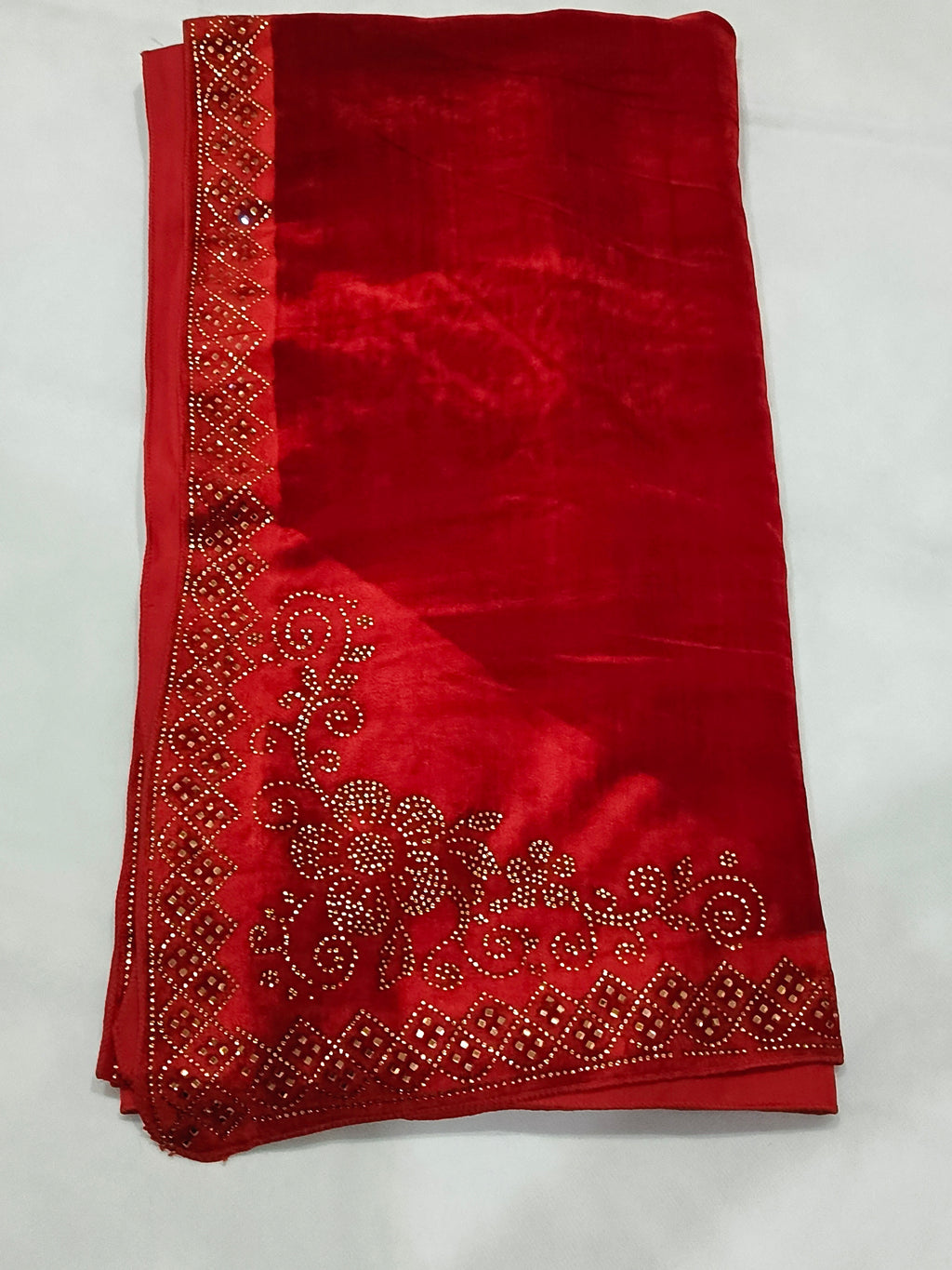 Pearls Work Micro Velvet Shawl - Red