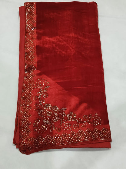 Pearls Work Micro Velvet Shawl - Red