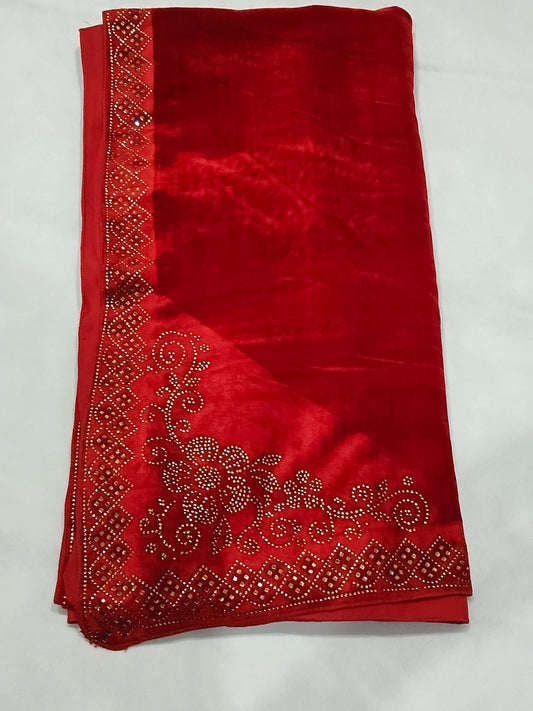 Pearls Work Micro Velvet Shawl - Red