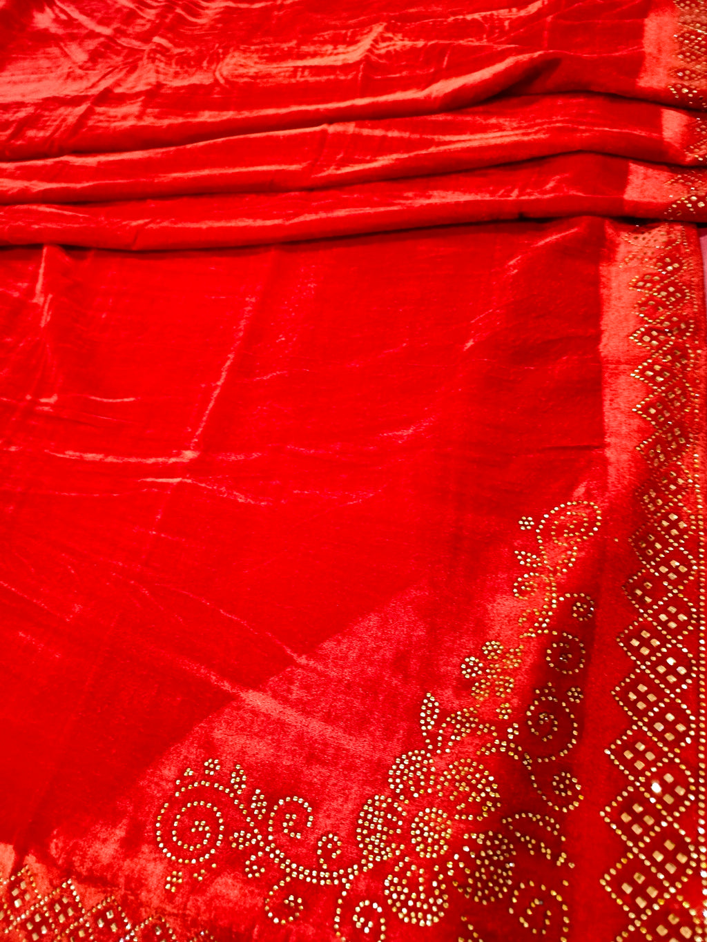 Pearls Work Micro Velvet Shawl - Red
