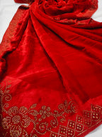 Pearls Work Micro Velvet Shawl - Red