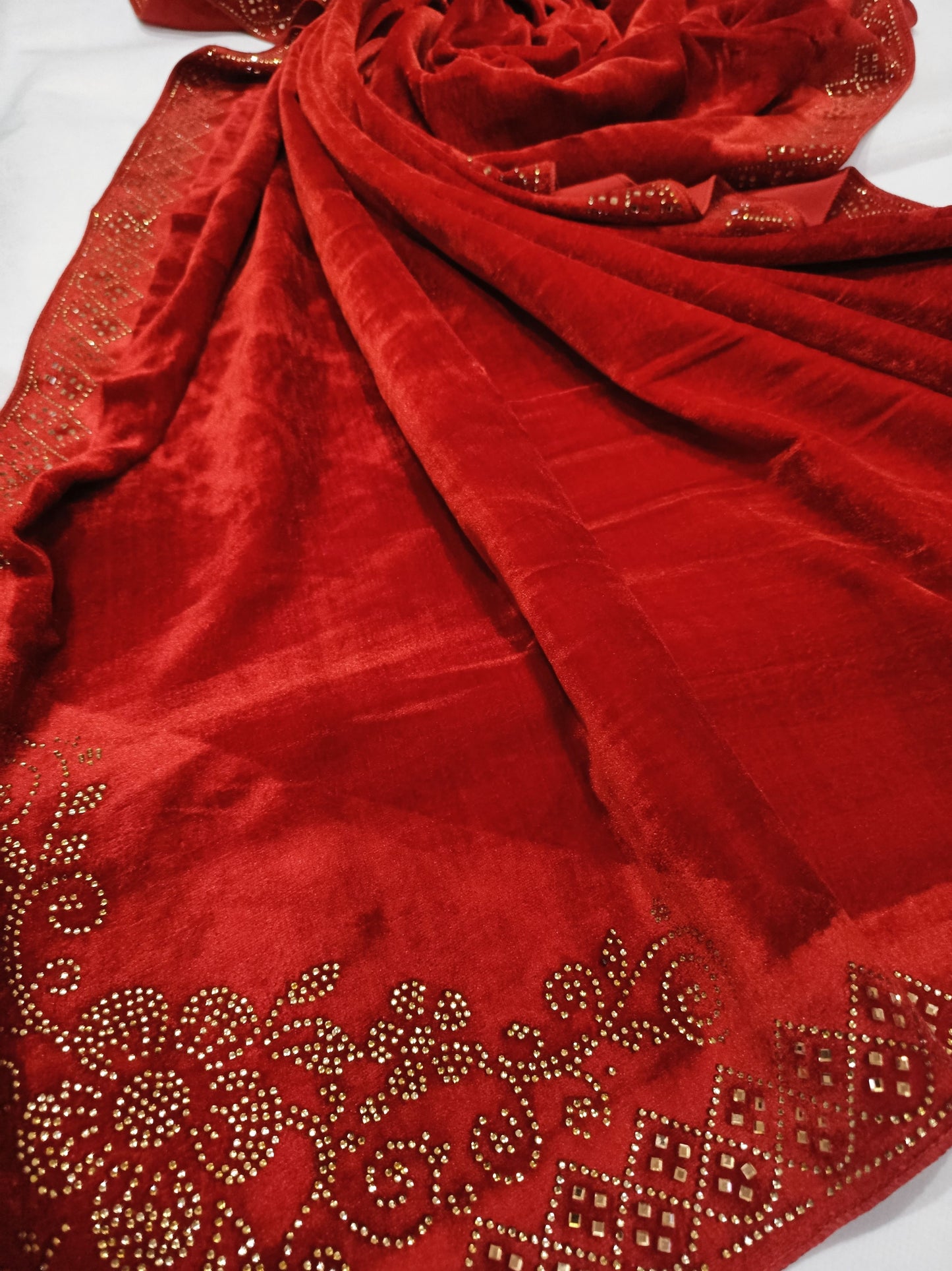 Pearls Work Micro Velvet Shawl - Red