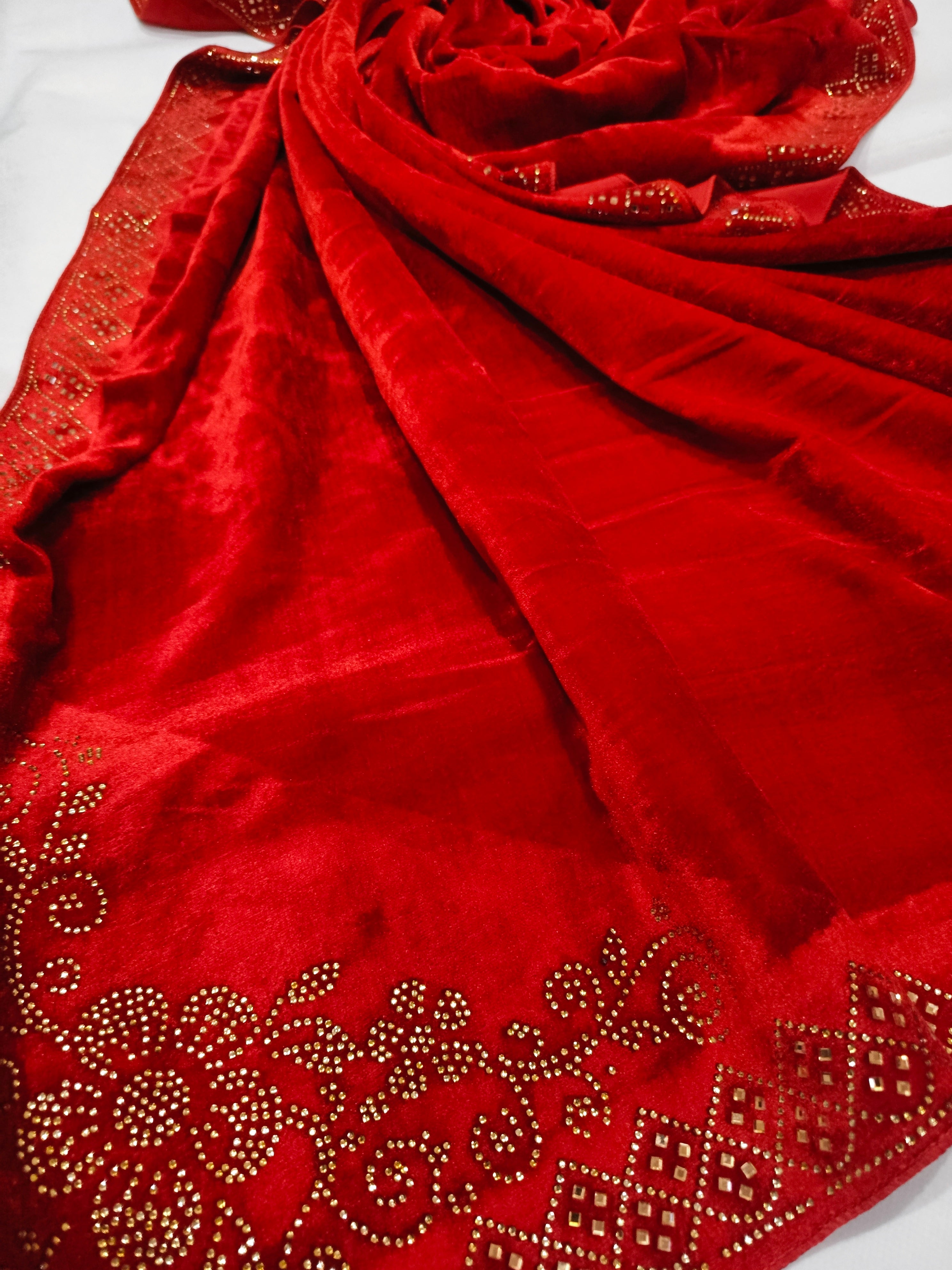 Pearls Work Micro Velvet Shawl - Red