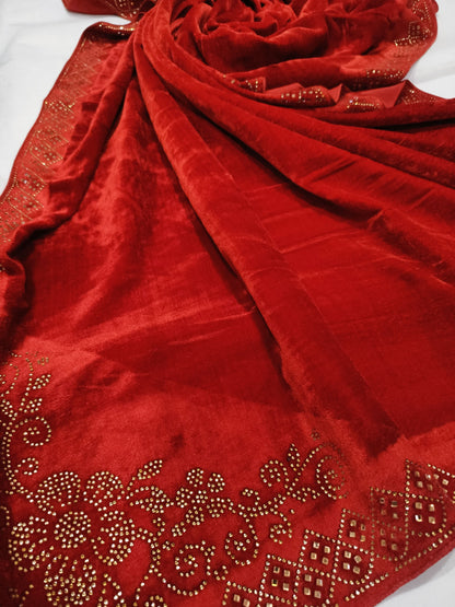 Pearls Work Micro Velvet Shawl - Red