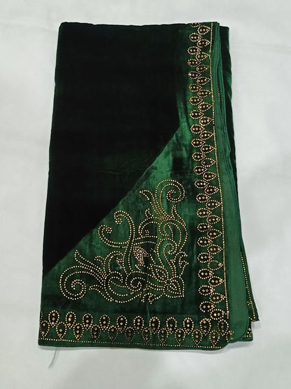 Pearls Work Micro Velvet Shawl - Green