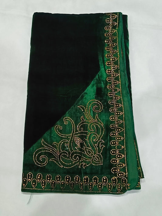 Pearls Work Micro Velvet Shawl - Green