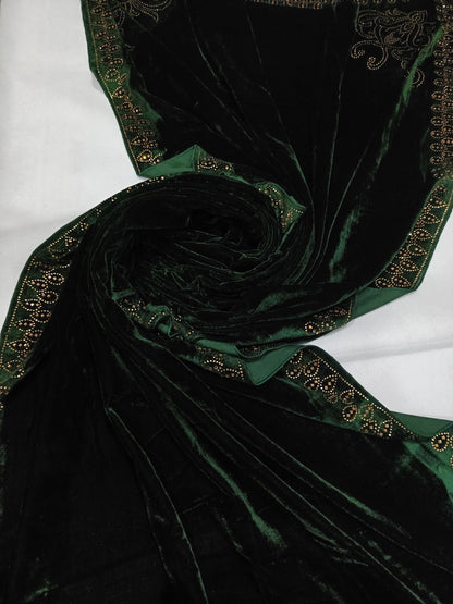 Pearls Work Micro Velvet Shawl - Green