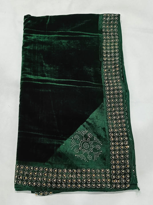 Pearls Work Micro Velvet Shawl - Green