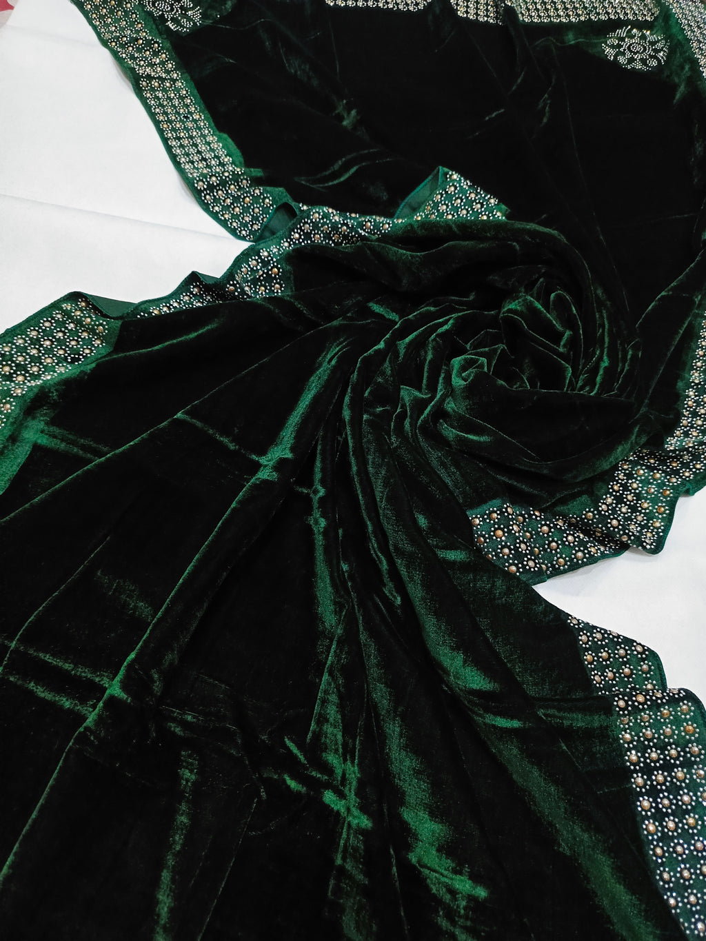 Pearls Work Micro Velvet Shawl - Green