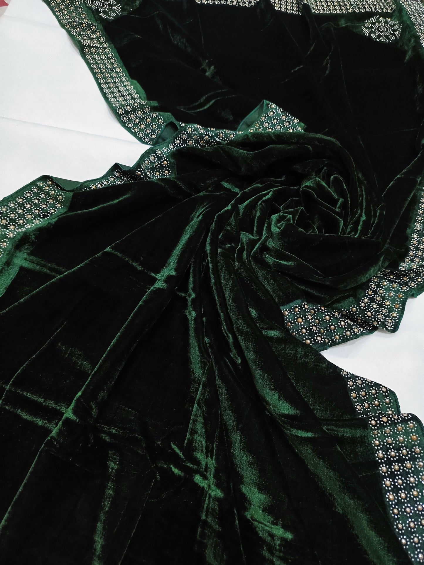 Pearls Work Micro Velvet Shawl - Green
