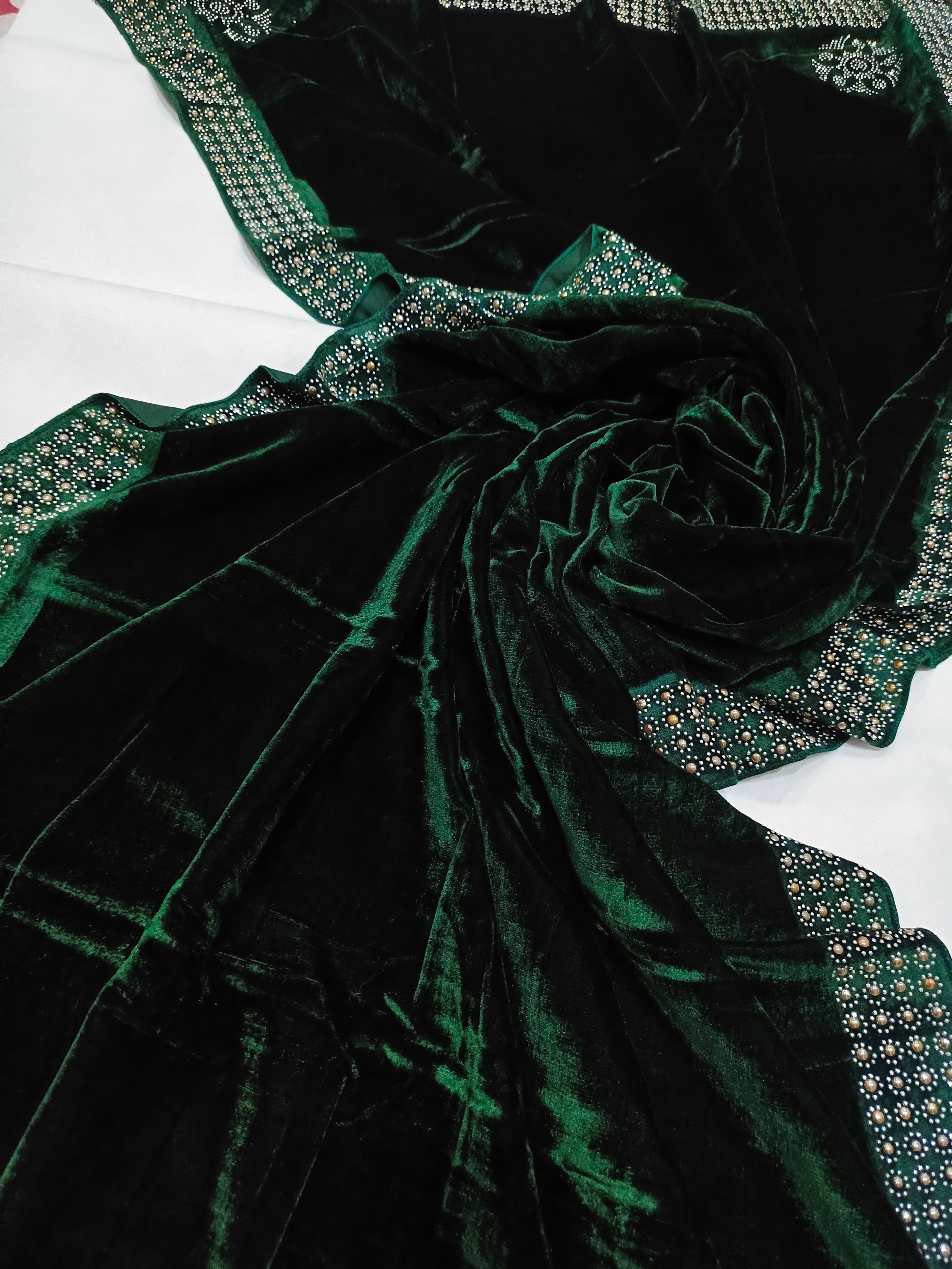 Pearls Work Micro Velvet Shawl - Green