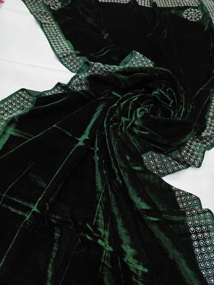Pearls Work Micro Velvet Shawl - Green