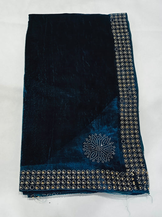 Pearls Work Micro Velvet Shawl - Blue