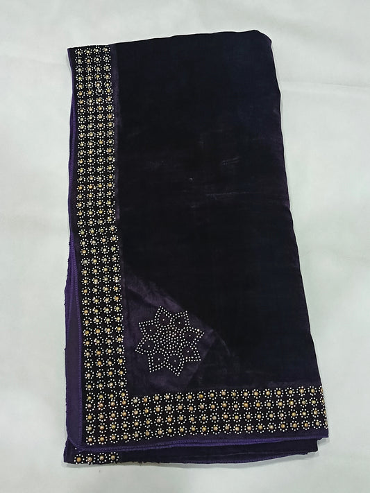 Pearls Work Micro Velvet Shawl - Purple