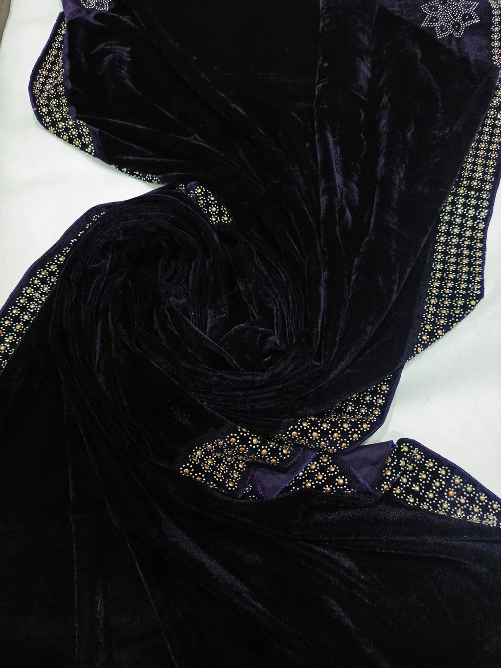 Pearls Work Micro Velvet Shawl - Purple