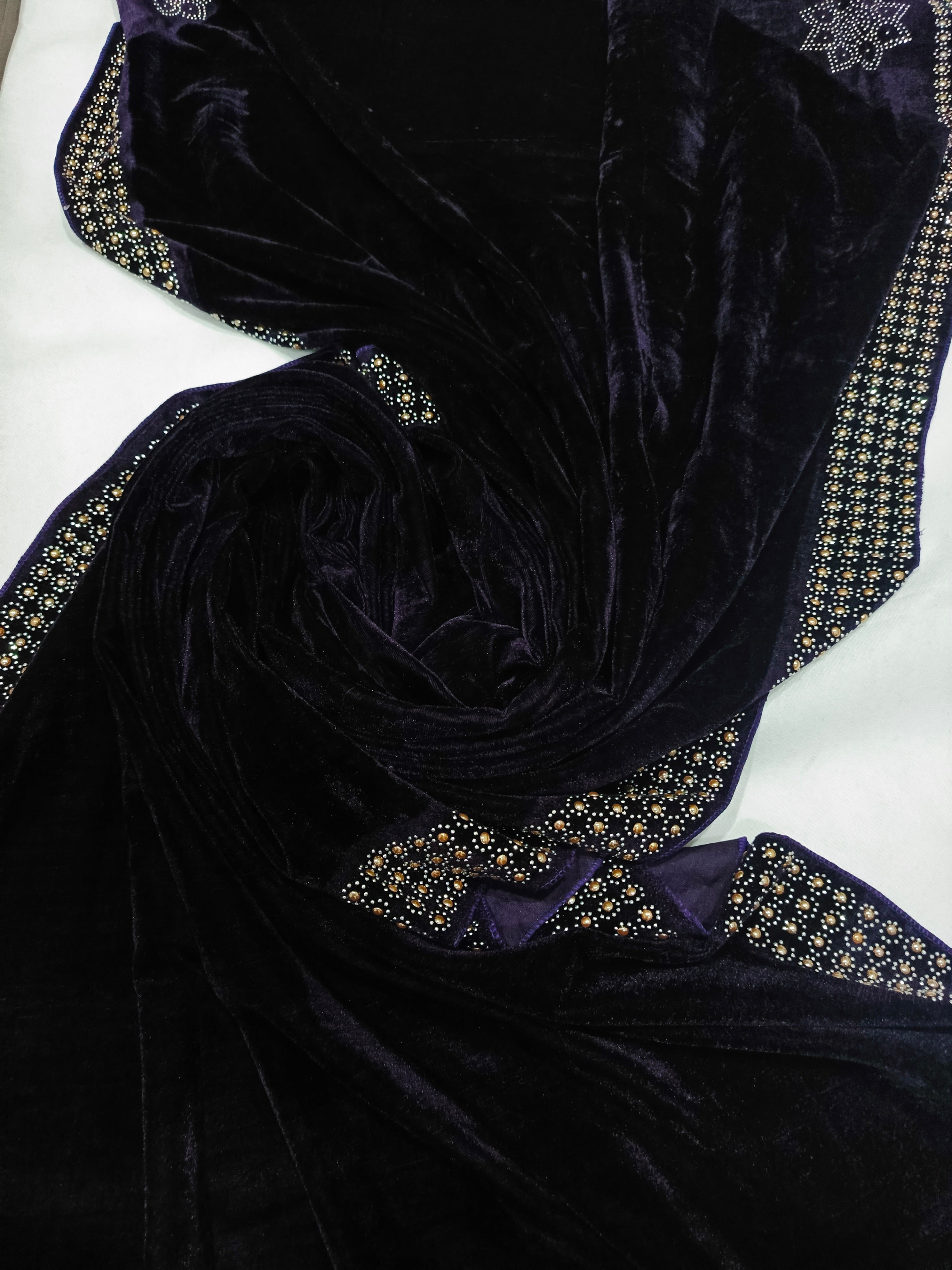 Pearls Work Micro Velvet Shawl - Purple
