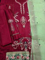 Maroon Dhanak Embroidered 3-Piece Suit with Organza Dupatta