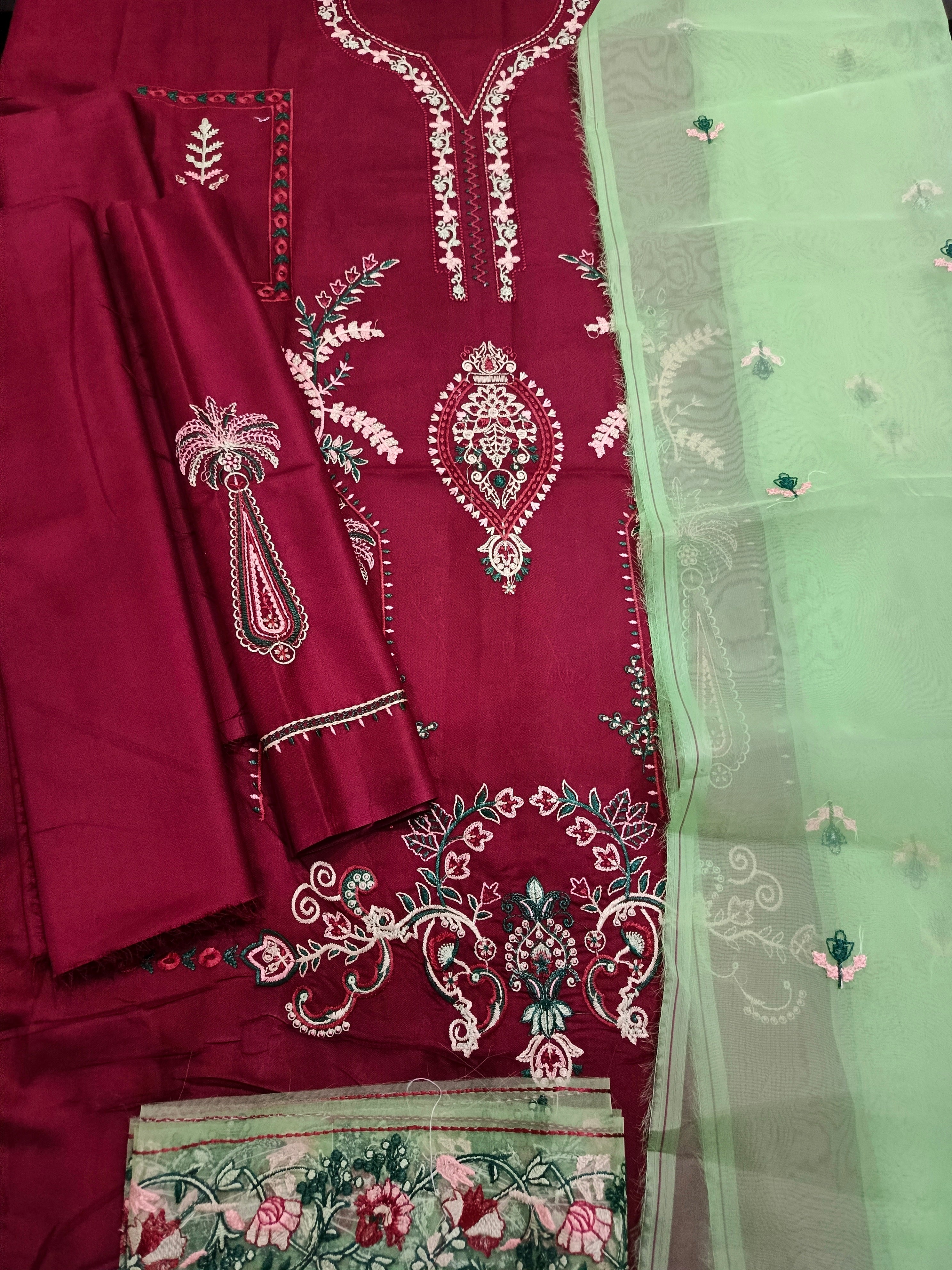 Maroon Dhanak Embroidered 3-Piece Suit with Organza Dupatta