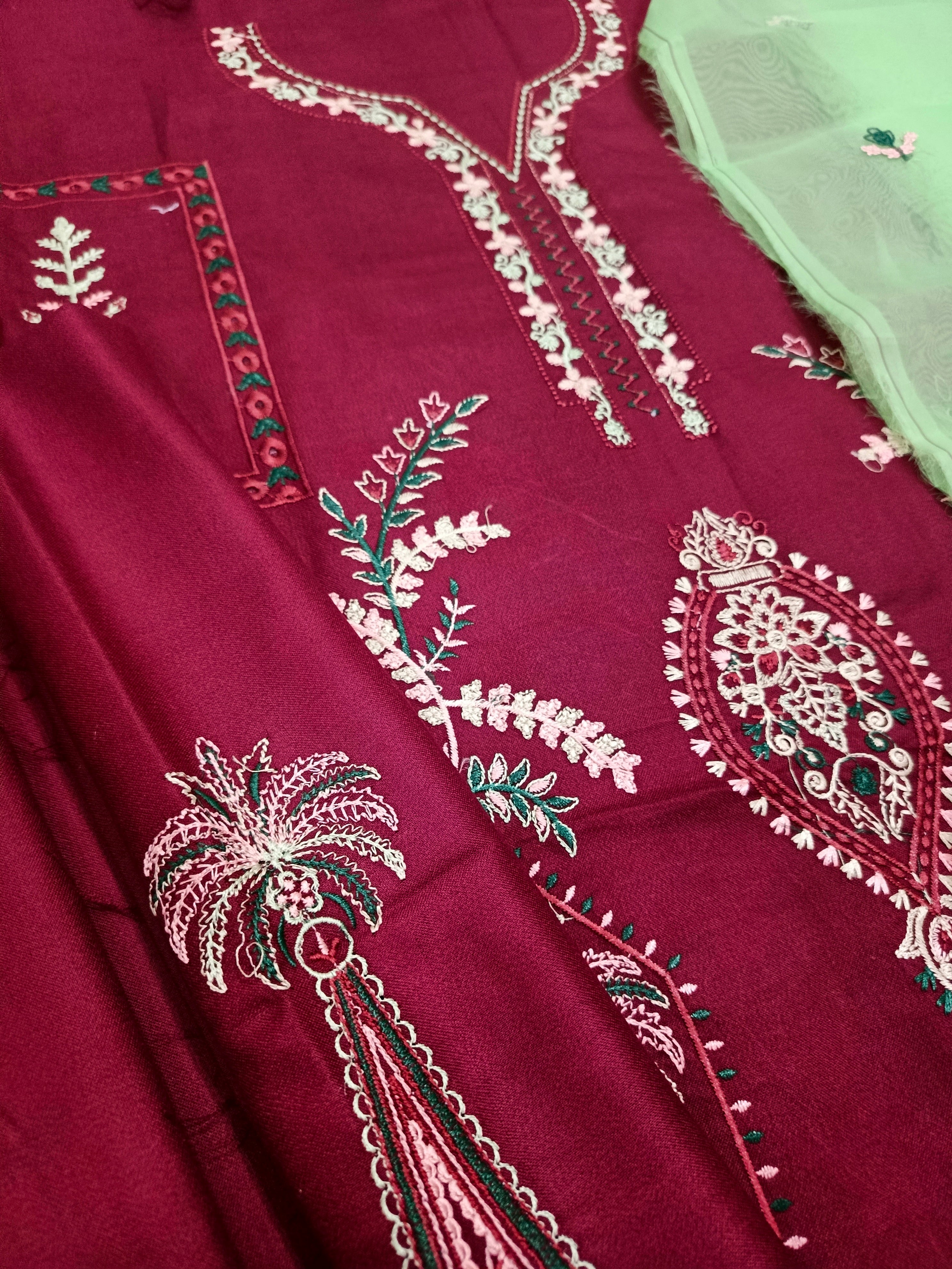Maroon Dhanak Embroidered 3-Piece Suit with Organza Dupatta