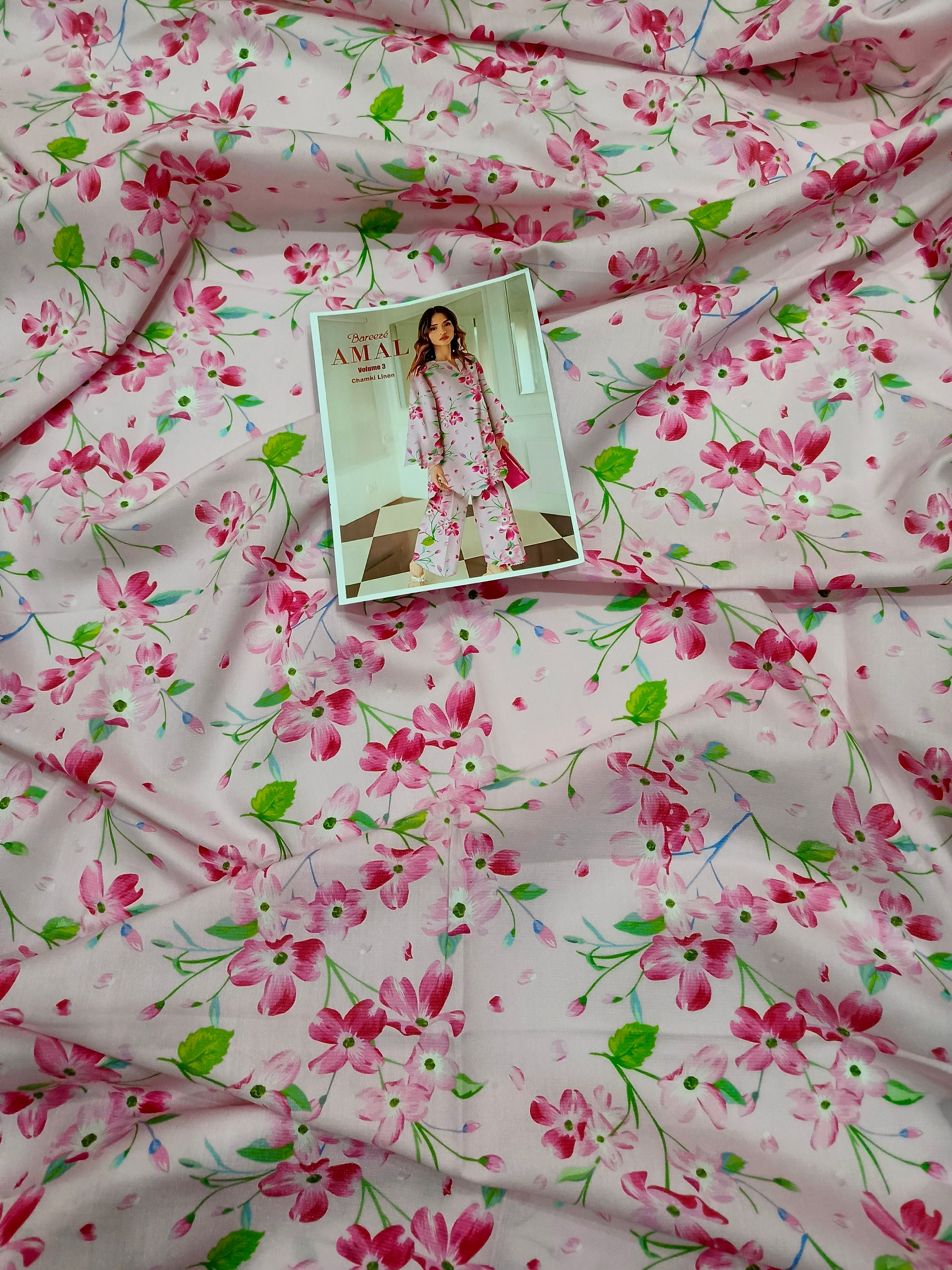 Floral Pink All-Over Printed Chamki Linen 2-Piece Suit