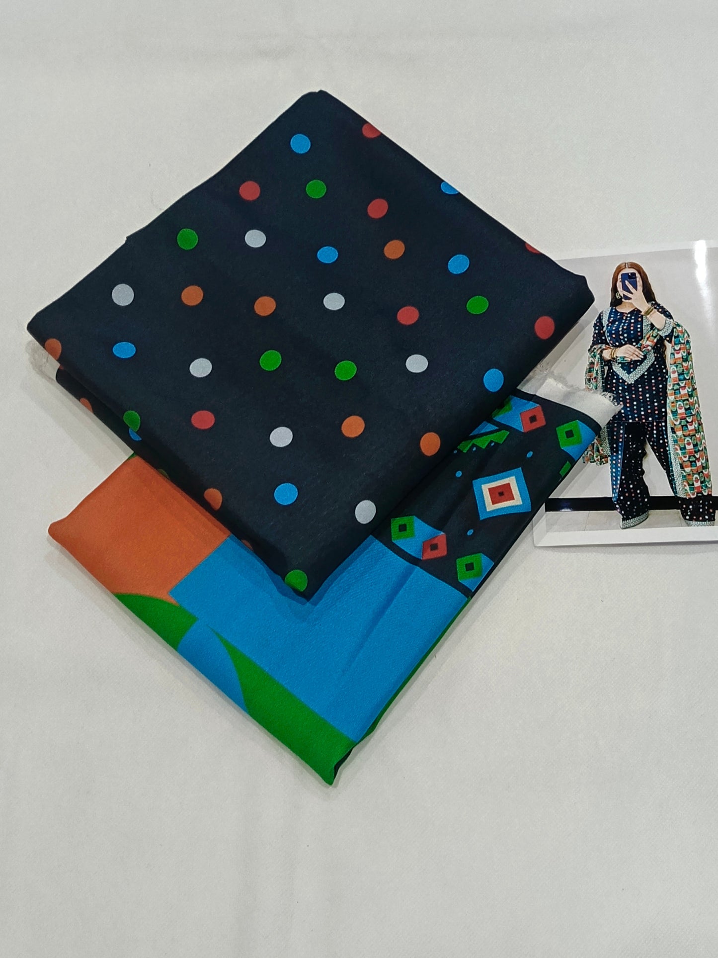 Unstitched Karandi Polka Dot Printed 3-Piece Suit