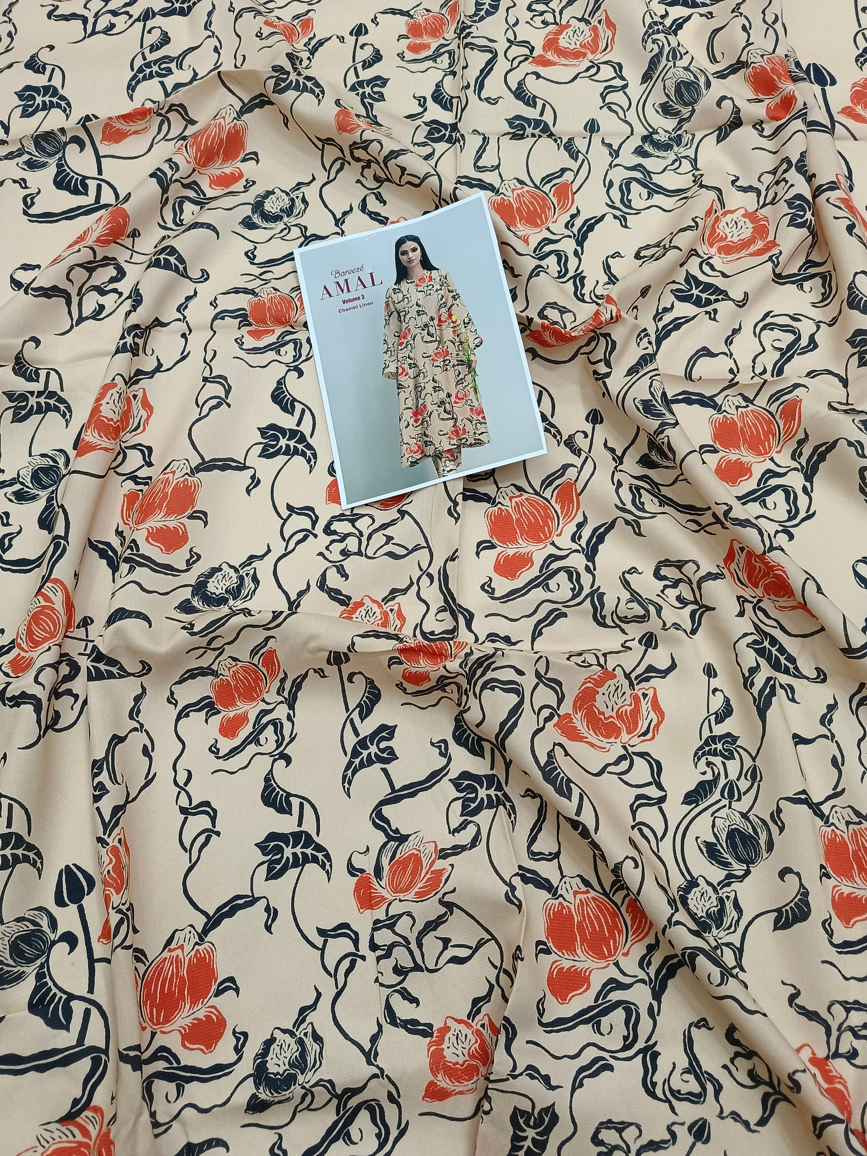 Beige Bold Floral All-Over Printed Chamki Linen 2-Piece Suit