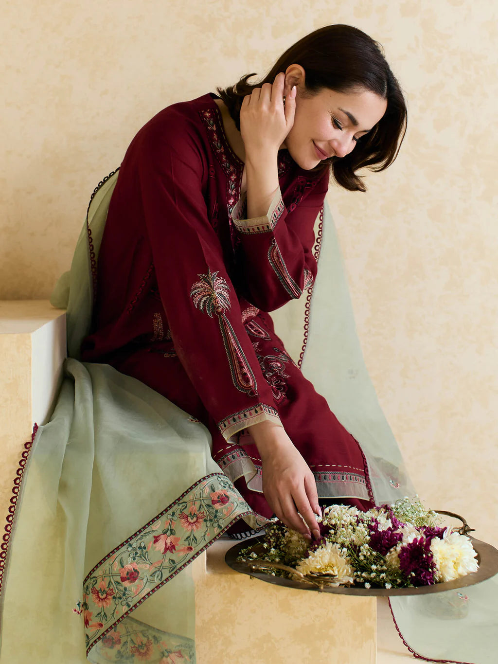 Maroon Dhanak Embroidered 3-Piece Suit with Organza Dupatta