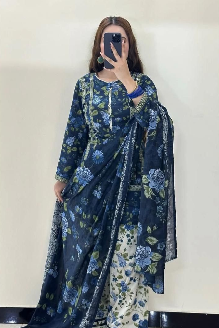Unstitched Karandi Floral Printed 3-Piece Suit