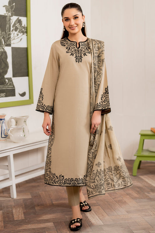 Beige Bloom – Embroidered Dhanak Suit with Shawl