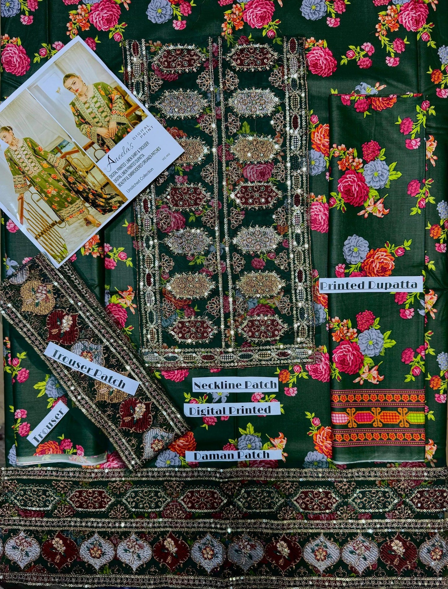 Floral Elegance – Linen 3pc Printed Suit with Organza Patches