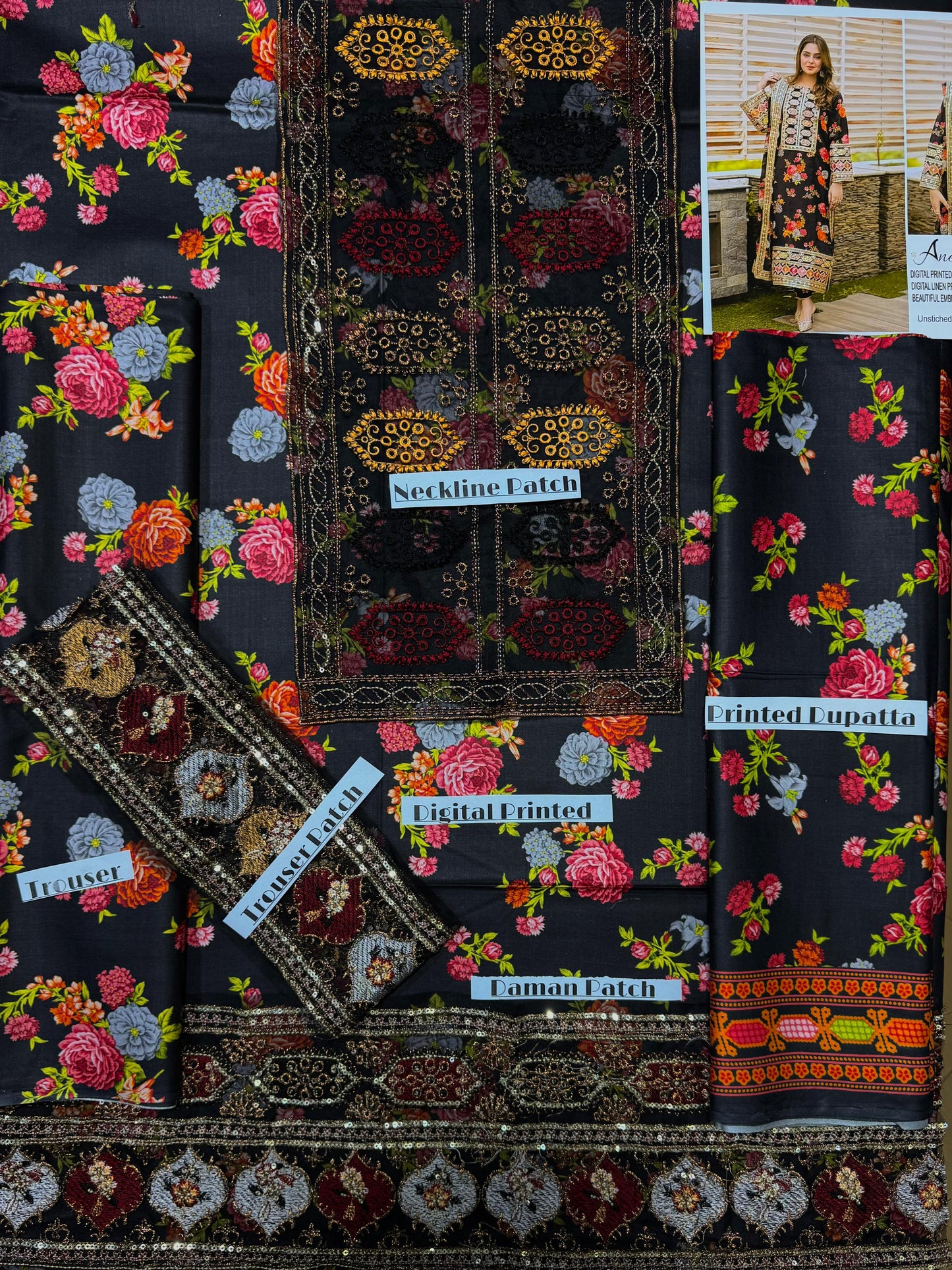 Floral Elegance – Linen 3pc Printed Suit with Organza Patches
