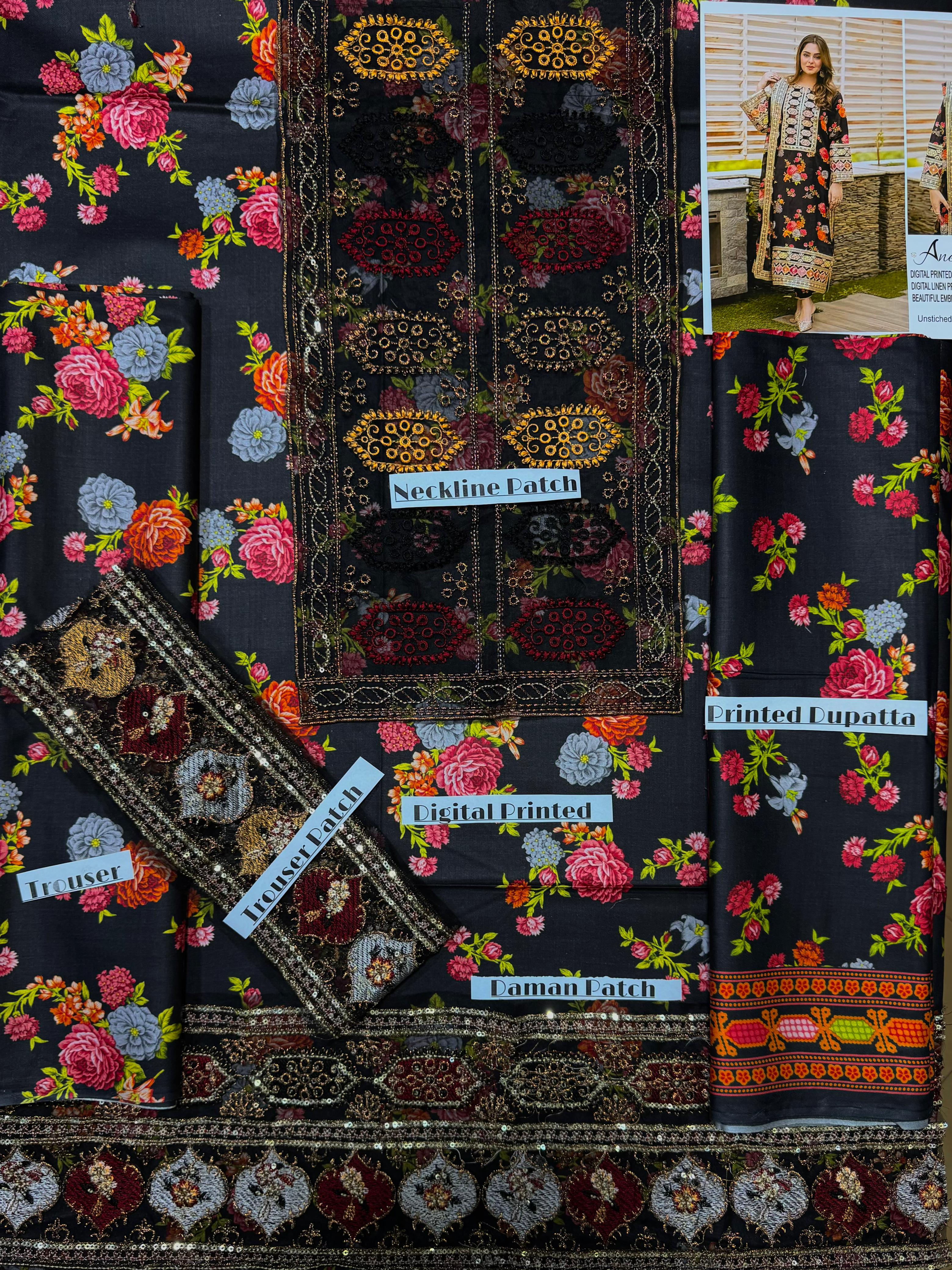 Floral Elegance – Linen 3pc Printed Suit with Organza Patches